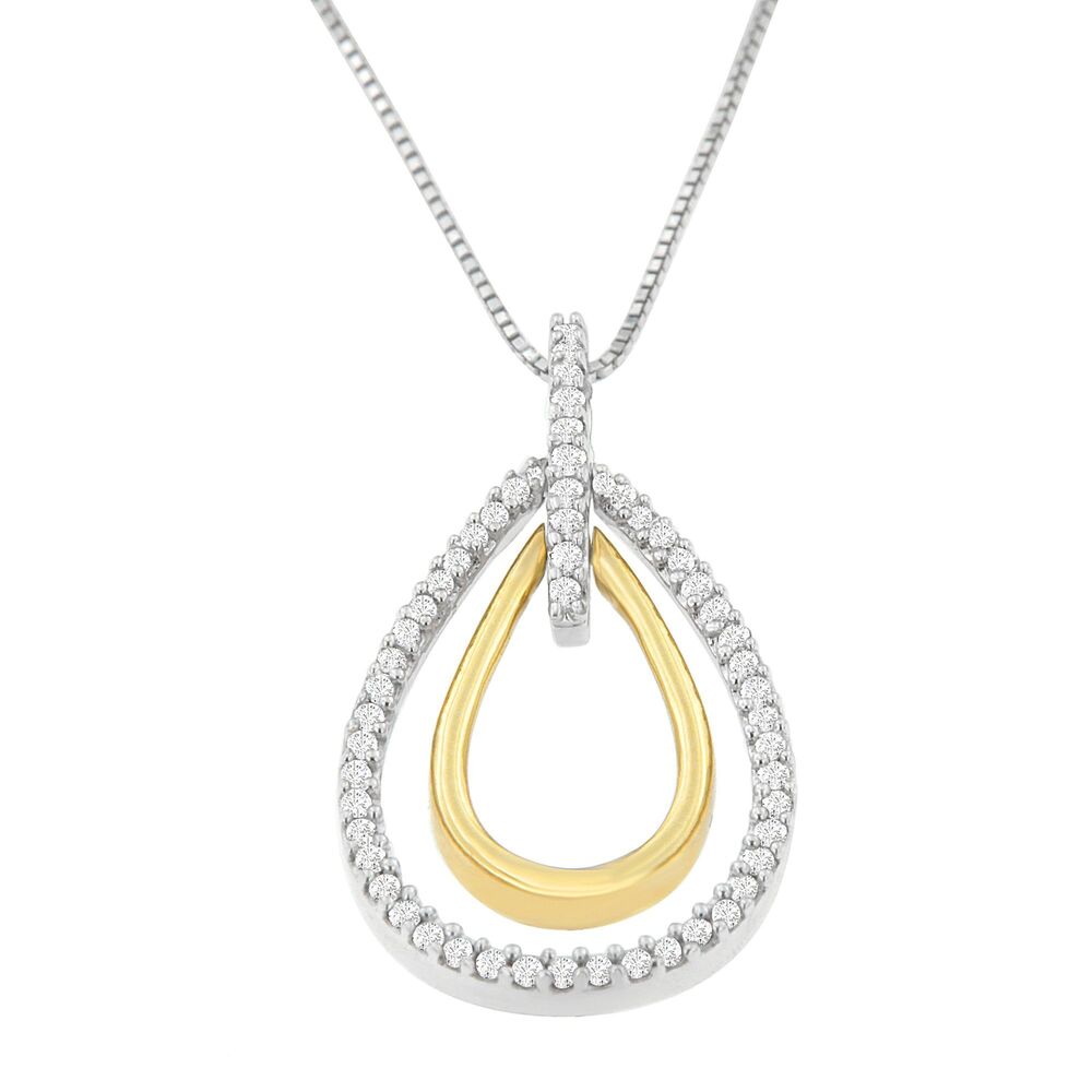 14K Two-Tone Gold Round Cut Diamond Double Burst Pendant Necklace (1/4 cttw,
